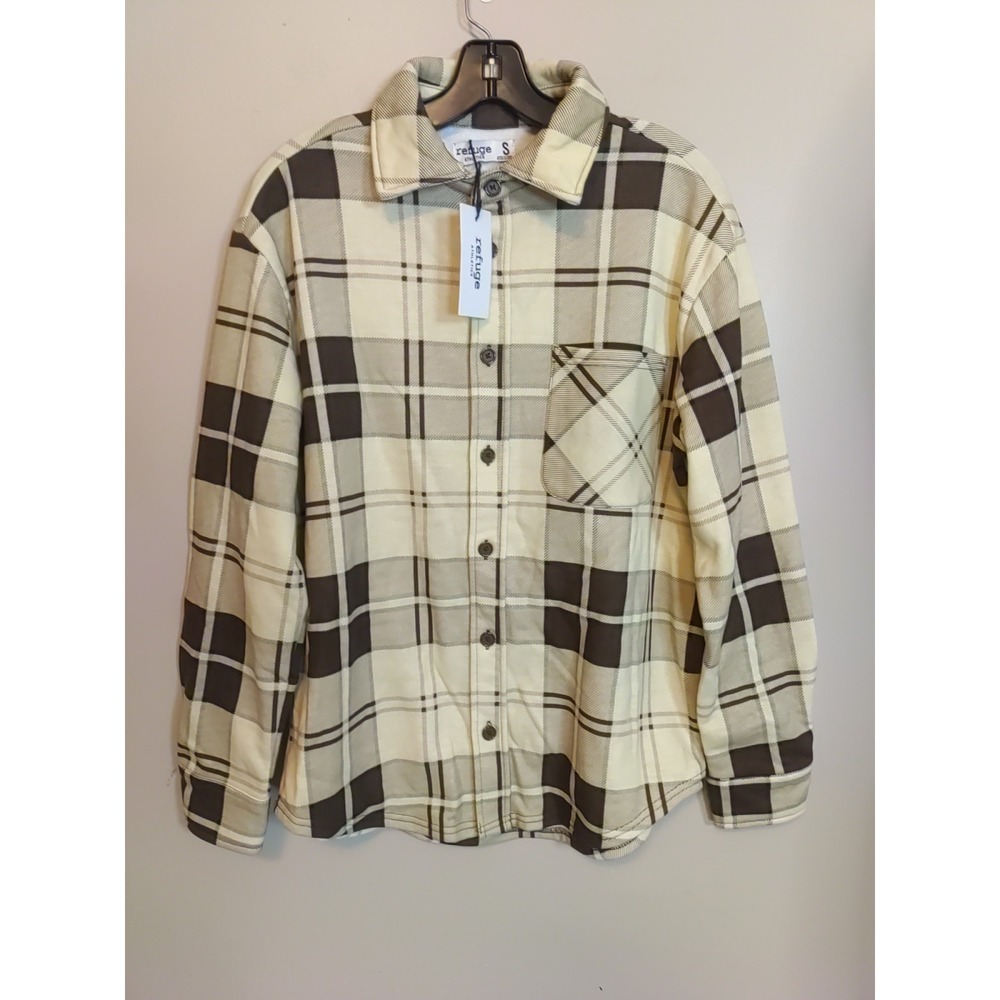Rufuge Athletic Ivory Brown Plaid Collared Long sleeve Button‎ Down Shirt Size S